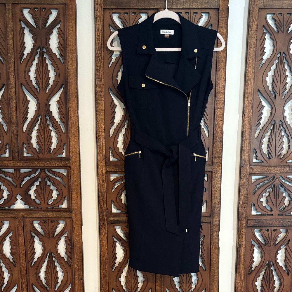 Calvin Klein Navy Blue Midi Dress with Gold Accents